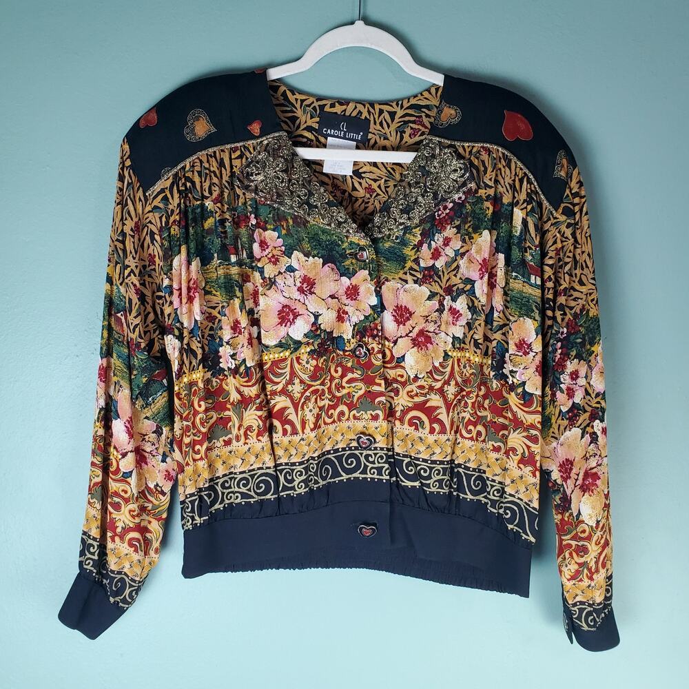 Vintage Carole Little Rayon Cottagecore Floral Heart Button Blouse Top Size 8